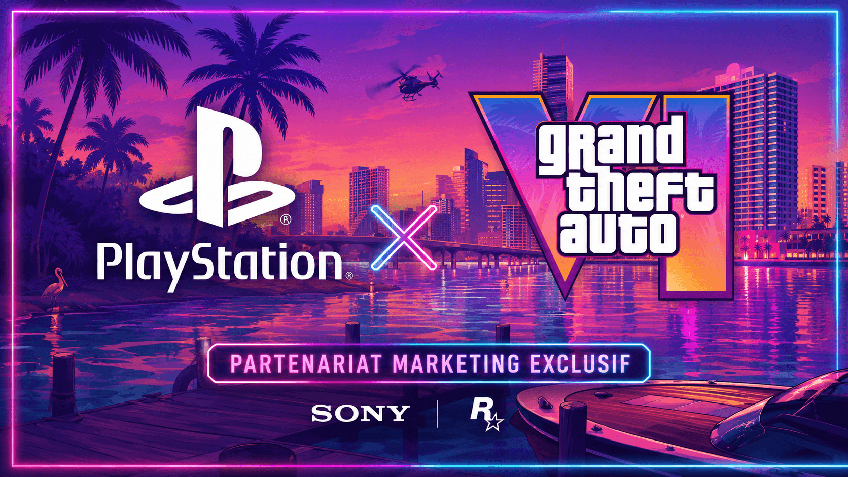 Logo PlayStation et logo GTA VI sur fond néon Vice City, illustration du partenariat marketing exclusif entre Sony et Rockstar Games