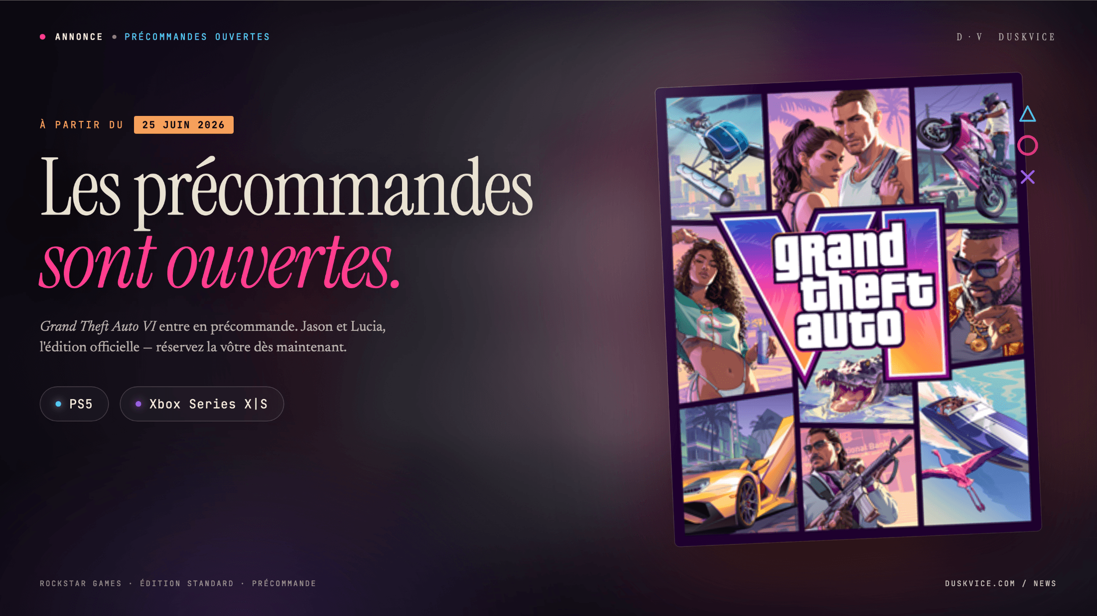 Cover art officielle GTA VI avec Jason et Lucia, annonce des précommandes ouvertes le 25 juin 2026 sur PS5 et Xbox Series X|S