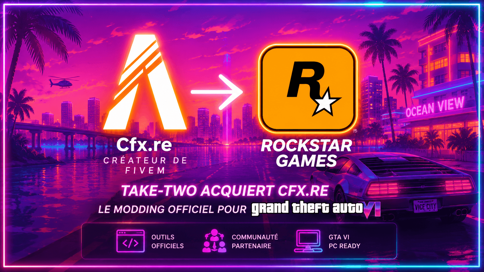 Logo FiveM et logo Rockstar Games sur fond Vice City néon, illustration du rachat Cfx.re par Take-Two et du virage modding officiel pour GTA VI PC