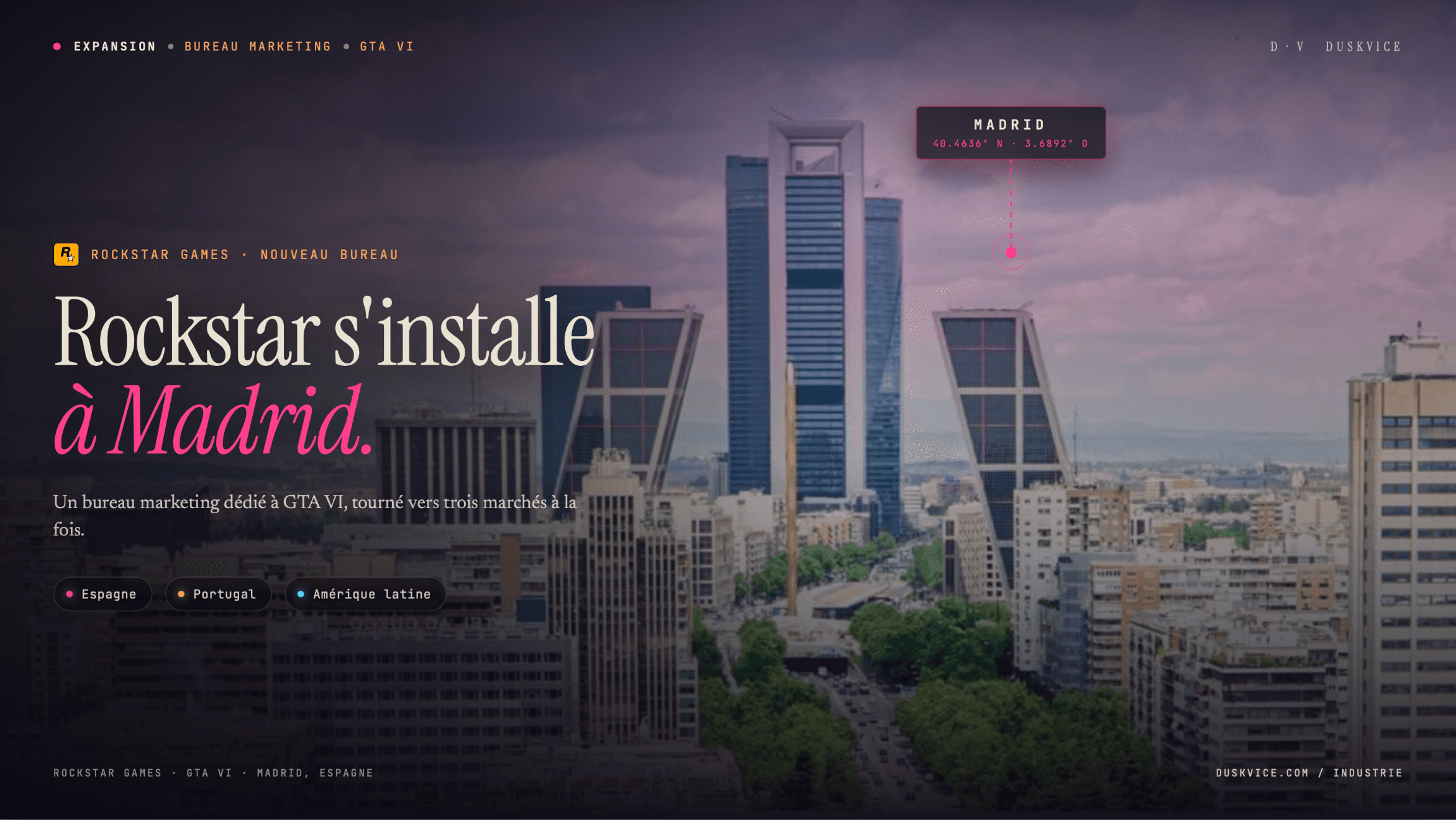 Skyline de Madrid symbolisant le nouveau bureau marketing de Rockstar Games dédié à GTA VI pour l'Espagne, le Portugal et l'Amérique latine