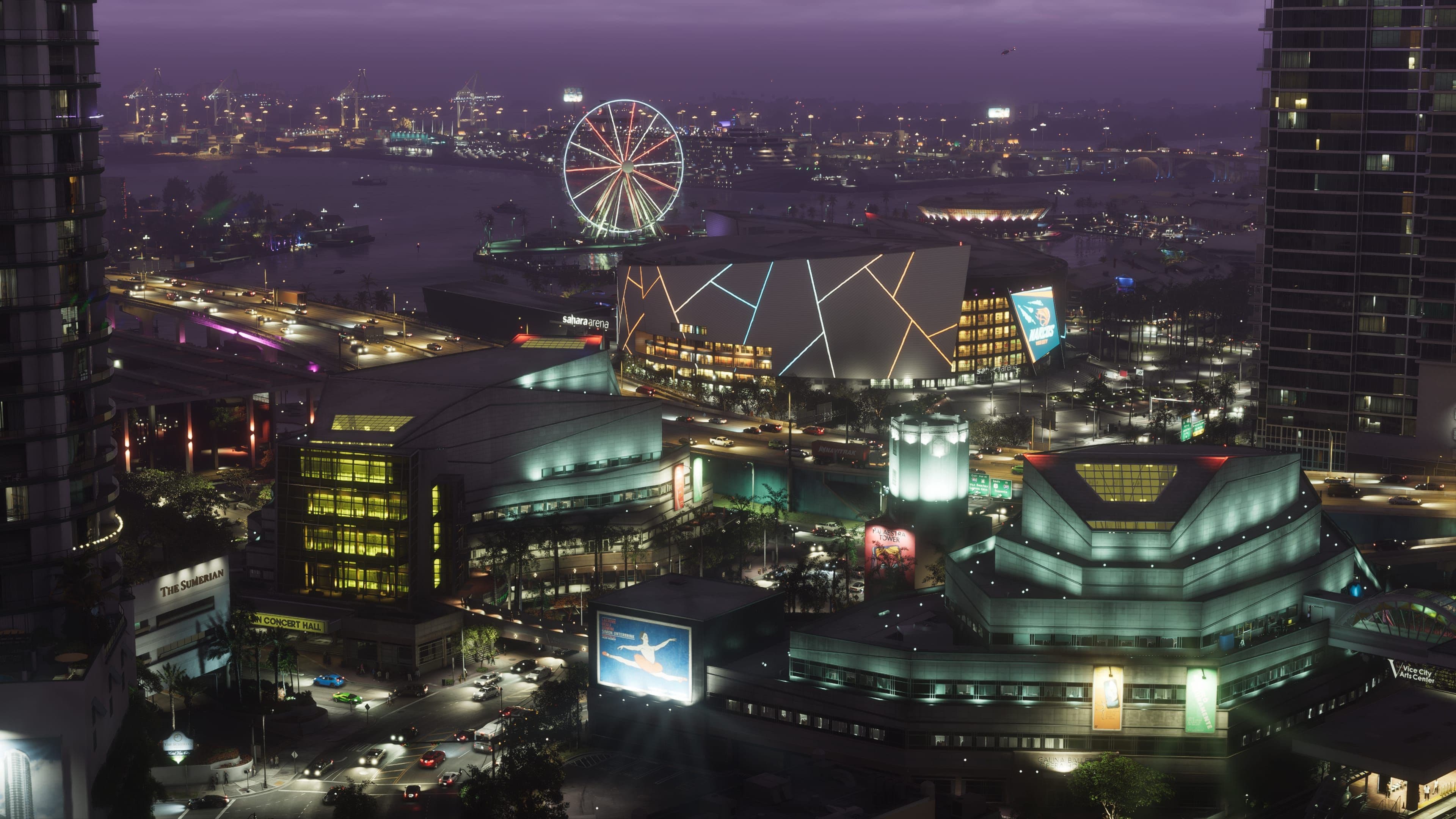 Panneau « Welcome to Vice City » aux lettres roses sur le toit du Kaseya Center de Miami, campagne de Rockstar Games pour GTA VI négociée avec le comté de Miami-Dade