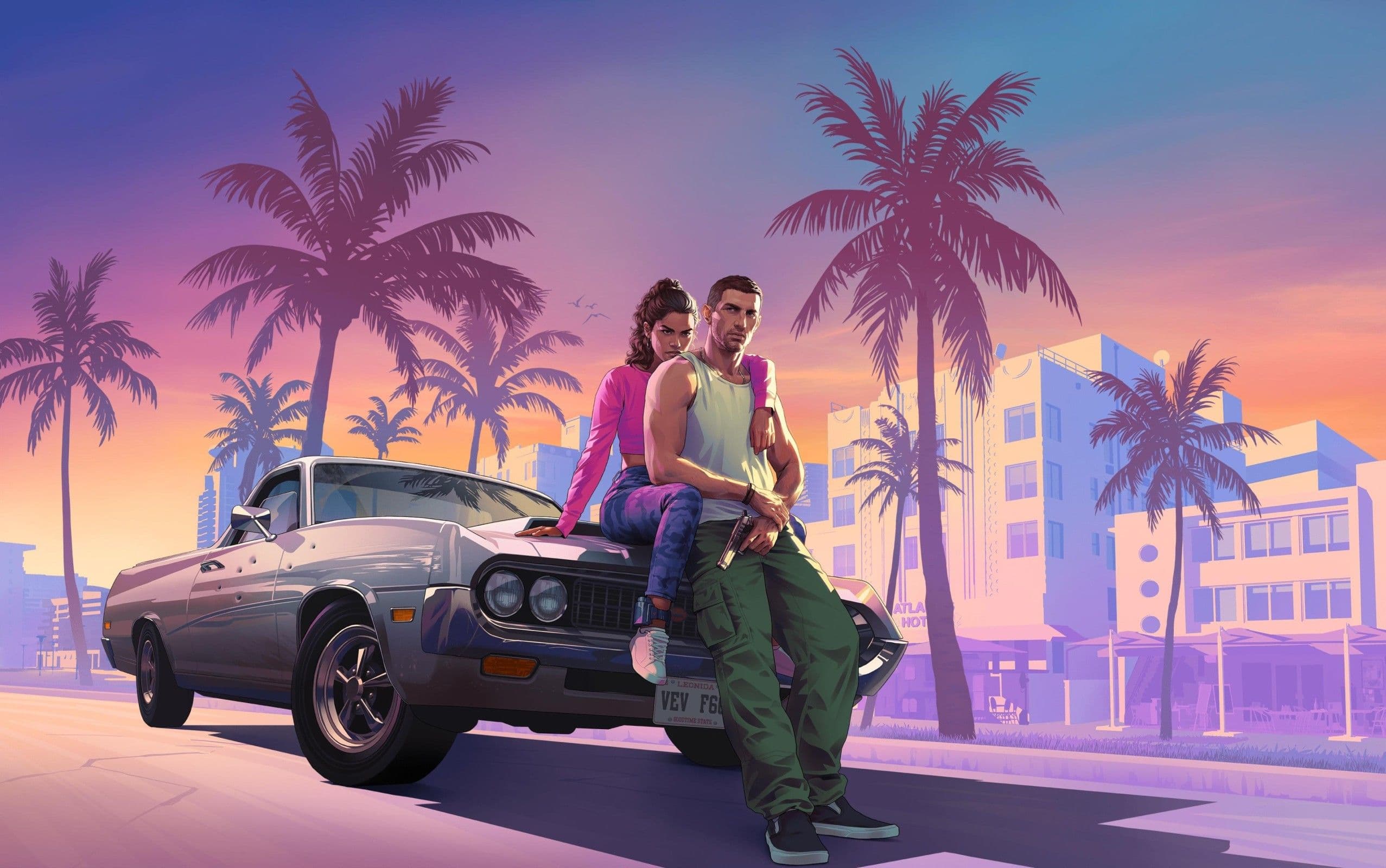 Jason et Lucia dans GTA VI devant la skyline de Vice City, sur fond de coucher de soleil rose et violet