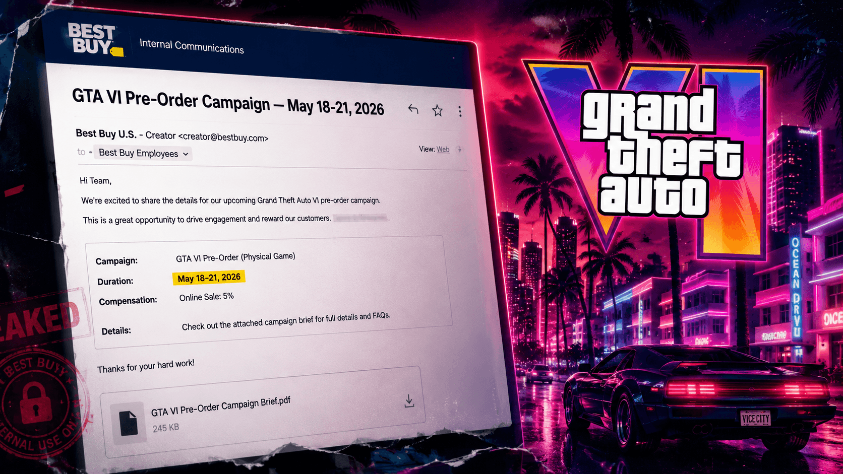 Écran Best Buy GTA VI avec mention précommandes barrée d'un trait rouge, symbolisant le faux scoop du 18 mai 2026, sur fond néon Vice City éteint.